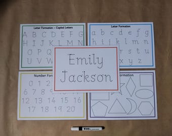 Tracing Letters, Numbers, Shapes, name, laminated wipe clean mats, reusable mats, Handwriting practice, EYFS, Early learning