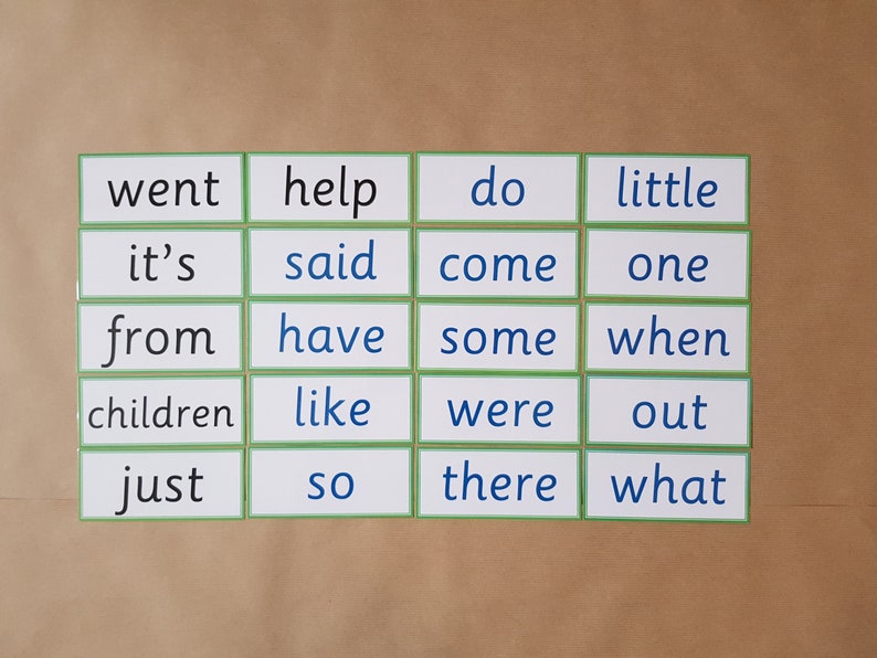 May include: A collection of flashcards with sight words, including "went," "help," "do," and "little." Each card has a white background with a green border and black or blue text. The cards are arranged in a grid.