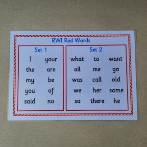 May include: A white card with red trim displays "RWI Red Words" and two sets of words. Set 1 includes words like "I," "the," and "my." Set 2 features words such as "what," "to," and "want." The card is on a neutral background.