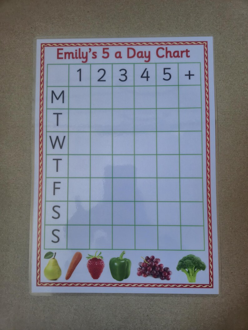 Children's Reward Chart, healthy eating 5 a day , Reusable, Laminated card, reward chart, pre-school, toddler, EYFS, kids, children image 4
