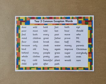 Year 2 Common Exception Words, laminated word mat/poster, key words, high frequency words, literacy, new curriculum words, KS1