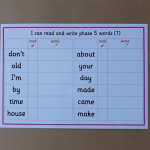 May include: A white educational chart with pink borders, featuring a grid for reading and writing words. The chart includes the text "I can read and write phase 5 words (1)" and lists words like "don't", "old", "about", and "your".