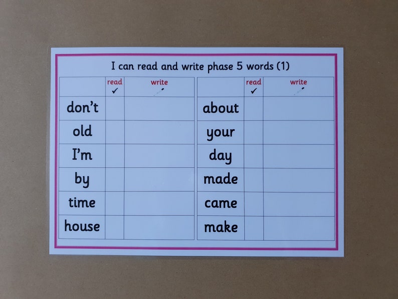 May include: A white educational chart with pink borders, featuring a grid for reading and writing words. The chart includes the text "I can read and write phase 5 words (1)" and lists words like "don't", "old", "about", and "your".