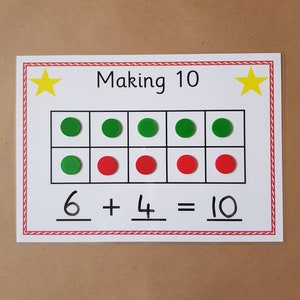 May include: Educational card for learning addition, titled "Making 10". It shows a ten-frame with green and red counters, and the equation "6 + 4 = 10". The card has two yellow stars and a red border.