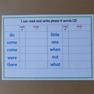 May include: A white educational chart with a green border, featuring the text "I can read and write phase 4 words (2)". The chart includes a table with words like "do", "some", "little", and "one".