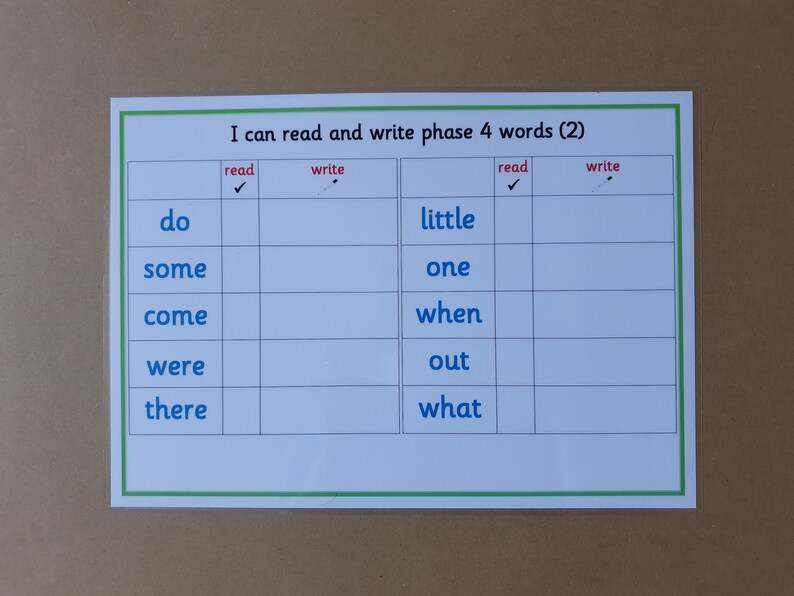 May include: A white educational chart with a green border, featuring the text "I can read and write phase 4 words (2)". The chart includes a table with words like "do", "some", "little", and "one".