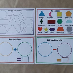May include: Four educational cards with white backgrounds. The cards feature shapes, 2D shapes, addition, and subtraction. The "Shape Formation" card shows outlines of shapes. The "2D Shapes" card displays various shapes with labels. The "Addition Mat" and "Subtraction Mat" cards have circles and equations.