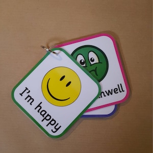 May include: Two square cards with rounded corners, attached by a metal ring. One card has a yellow smiley face and the text "I'm happy". The other card has a green face and the word "unwell". Both cards have white backgrounds.