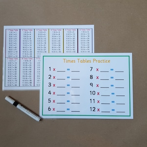 May include: Two multiplication times tables practice sheets with a white marker. One sheet displays multiplication tables from 1 to 12. The other sheet has fill-in-the-blank problems for practice. The sheets have a green border.