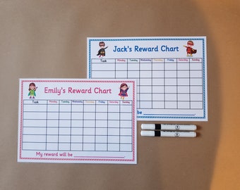 2 x Superhero Reward Charts, Children's personalised reward charts, Laminated, reusable, kids, toddlers, EYFS, KS1, Behaviour management