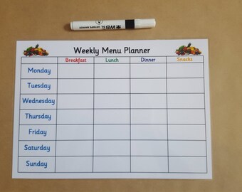 A4 Weekly Meal Planner - Reusable, ready made, kitchen planner, plan your meals, laminated card, dry wipe planner, dry ease planner