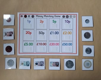 May include: A money matching game with a white board featuring slots for coins and bills, labeled with values from 1p to £50. The game includes matching currency cards, promoting financial literacy.