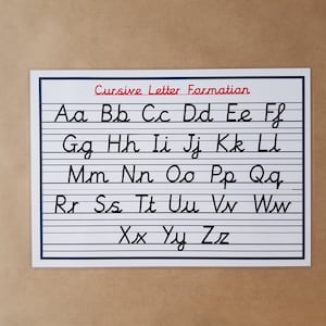 May include: A white rectangular chart showing cursive letter formation. The chart features uppercase and lowercase letters from A to Z in black cursive script, with the title "Cursive Letter Formation" in red.