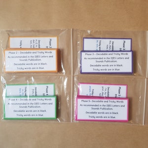 May include: Four clear plastic pouches each containing two rectangular cards with text. The cards are labeled "Phase 2", "Phase 3", "Phase 4", and "Phase 5" and contain text about decodable and tricky words, with the text in black and blue.