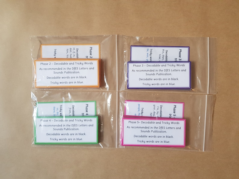 May include: Four clear plastic pouches each containing two rectangular cards with text. The cards are labeled "Phase 2", "Phase 3", "Phase 4", and "Phase 5" and contain text about decodable and tricky words, with the text in black and blue.