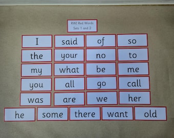 May include: A collection of flashcards with red borders and white backgrounds, each displaying a common sight word. The cards are arranged in a grid, with the words "RWI Red Words Sets 1 and 2" at the top.