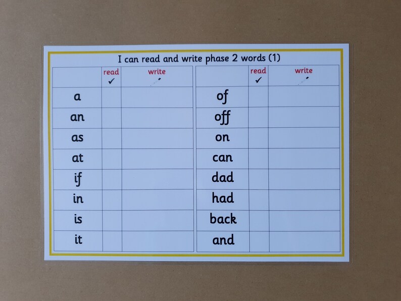 May include: A laminated educational chart with the text "I can read and write phase 2 words (1)". The chart is divided into columns for reading and writing, featuring common words like "a", "an", "as", and "of".