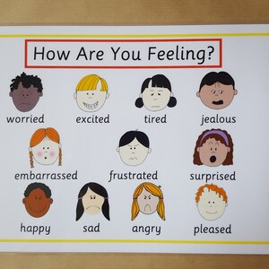 May include: A white poster with the text "How Are You Feeling?" in a red box. It features cartoon faces depicting emotions like worried, excited, tired, jealous, embarrassed, frustrated, surprised, happy, sad, angry, and pleased.