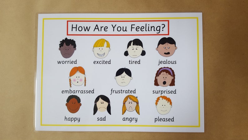 May include: A white poster with the text "How Are You Feeling?" in a red box. It features cartoon faces depicting emotions like worried, excited, tired, jealous, embarrassed, frustrated, surprised, happy, sad, angry, and pleased.