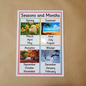 Pu&ograve; includere: Un poster educativo colorato intitolato "Stagioni e Mesi". Presenta quattro sezioni con immagini che rappresentano primavera, estate, autunno e inverno. Ogni sezione include i mesi associati alla stagione. Ideale per scopi didattici.