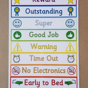 K&ouml;nnte beinhalten: Eine farbenfrohe Belohnungstafel mit Text wie "Belohnung", "Herausragend", "Super", "Gut gemacht", "Warnung", "Auszeit", "Keine Elektronik" und "Fr&uuml;h ins Bett". Die Tafel hat verschiedene Symbole.