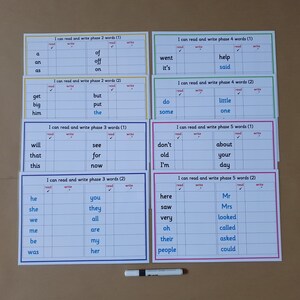May include: A collection of educational flashcards for reading and writing practice. Each card features a list of words with checkboxes for reading and writing. A dry-erase marker is at the bottom.