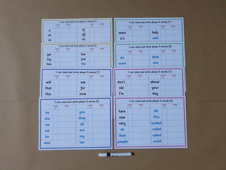 May include: A collection of educational flashcards for reading and writing practice. Each card features a list of words with checkboxes for reading and writing. A dry-erase marker is at the bottom.