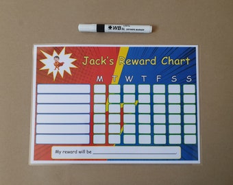 Superhero Personalised Reward Chart, Children's reusable reward chart, A4 Laminated chart, dry wipe, EYFS, KS1,  kids, behaviour management