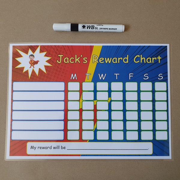 Superhero Personalised Reward Chart, Children's reusable reward chart, A4 Laminated chart, dry wipe, EYFS, KS1,  kids, behaviour management