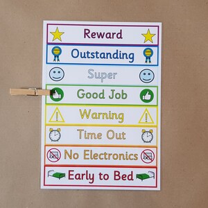 K&ouml;nnte beinhalten: Eine farbenfrohe Belohnungstafel mit verschiedenen Stufen, darunter "Belohnung", "Hervorragend", "Super", "Gut gemacht", "Warnung", "Auszeit", "Keine Elektronik" und "Fr&uuml;h ins Bett". Eine Holzklammer ist angebracht.