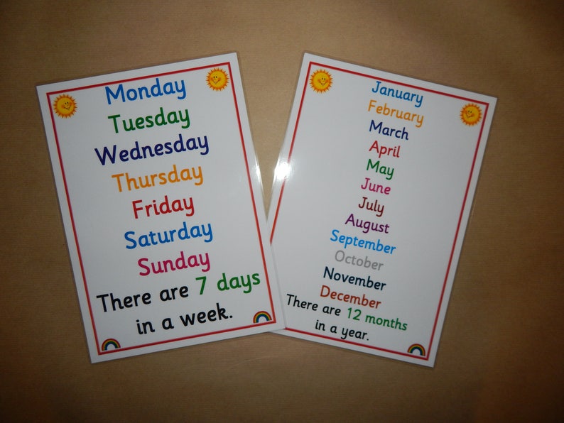 May include: Two educational posters with white backgrounds. One lists the days of the week in rainbow colors, with the text "There are 7 days in a week." The other lists the months of the year, with the text "There are 12 months in a year."