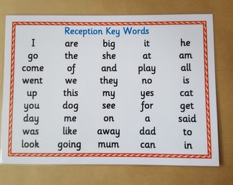Reception Key words, laminated word mat/poster, EYFS, first words, starting school, key words, high frequency words, literacy