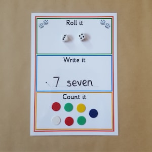 May include: Educational card showing dice, the number 7 and the word "seven", and seven coloured circles. The card is divided into three sections: "Roll it", "Write it", and "Count it". The background is tan.
