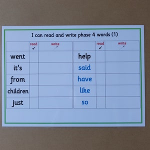 May include: A white educational chart with a green border, featuring the text "I can read and write phase 4 words (1)". The chart is divided into columns for reading and writing words, with words like "went", "help", and "said".