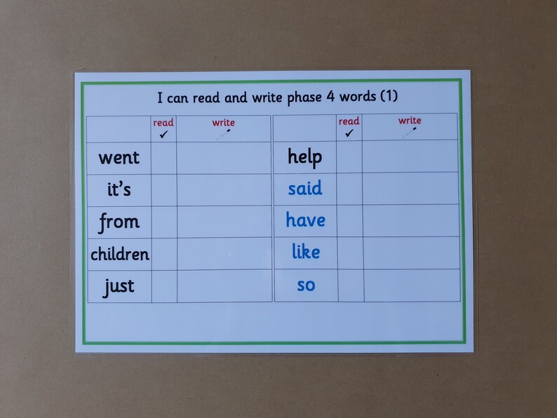 May include: A white educational chart with a green border, featuring the text "I can read and write phase 4 words (1)". The chart is divided into columns for reading and writing words, with words like "went", "help", and "said".
