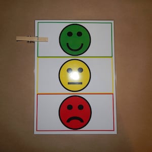 May include: A white card with three sections, each showing a different emoji face: a happy green face, a neutral yellow face, and a sad red face. A wooden clothes peg is attached to the top left corner. The card is for expressing feelings.