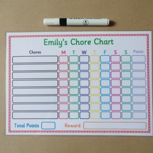 May include: A white chore chart with the text "Emily's Chore Chart" in green. The chart has boxes for chores, days of the week, and points, with a red and white border. A white dry-erase marker is at the top.