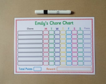 Personalised Weekly Chore Chart, daily chores, dry ease, dry wipe, reusable, Kids chore chart,  jobs to do, household chores, reward chart.