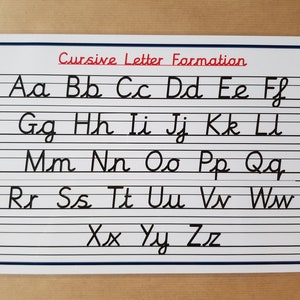 May include: A white educational chart with the title "Cursive Letter Formation" in red. The chart displays the alphabet in cursive, from Aa to Zz, written in black ink on lined paper.