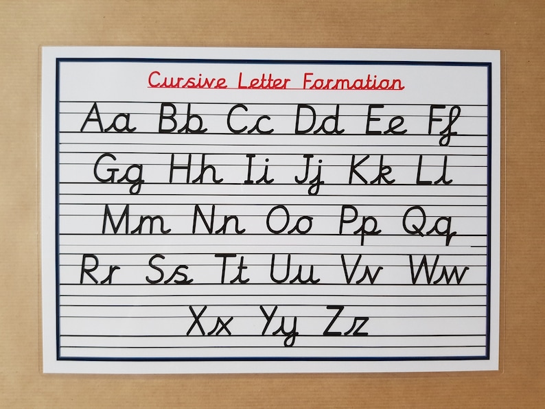 May include: A white educational chart with the title "Cursive Letter Formation" in red. The chart displays the alphabet in cursive, from Aa to Zz, written in black ink on lined paper.