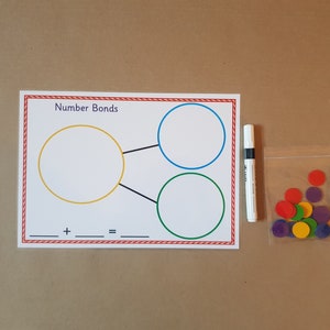 May include: Educational math set featuring a white card with "Number Bonds" text, circles, and an equation. Includes a white marker and a bag of colorful counters. Ideal for learning addition.