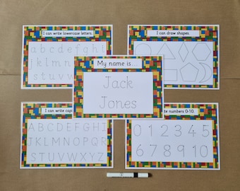 May include: Educational learning cards with colorful brick-style borders. Cards include tracing activities for lowercase and uppercase letters, shapes, and numbers 0-10. A card displays the name "Jack Jones". A dry-erase marker is included.