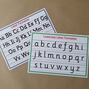 May include: Two rectangular educational charts featuring black letters on white backgrounds with horizontal lines. One chart displays uppercase letters with the title Letter Formation, while the other shows lowercase letters titled Lowercase Letter Formation.