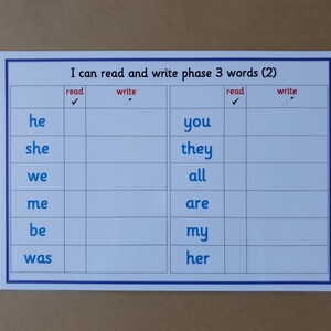 May include: A white educational chart with blue borders, featuring the text "I can read and write phase 3 words (2)". The chart is divided into columns for reading and writing, with words like "he", "she", and "you".