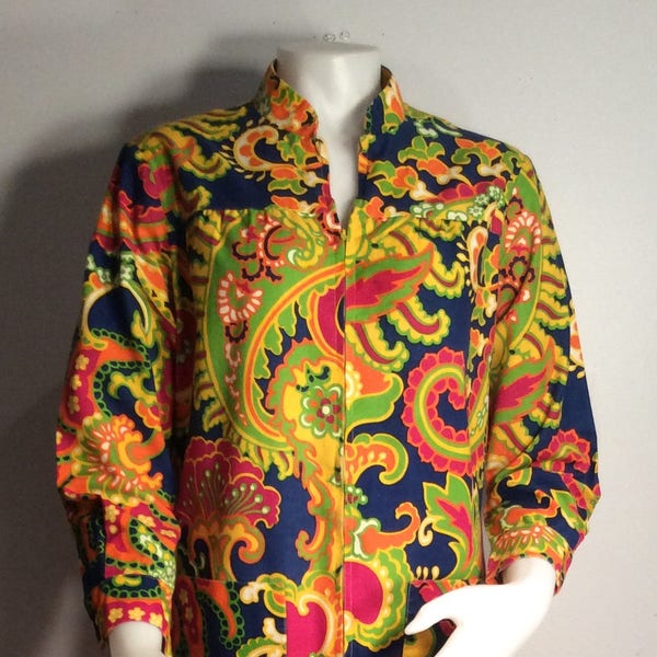 1960s 1970s Park East by Swirl vintage dress psychedelic mod print bold colors long sleeves theater costume rare unique