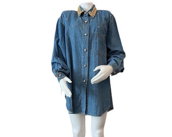 Vintage cotton denim bedazzled shirt by Monique Fashions 1980s studded denim shirt jacket size large