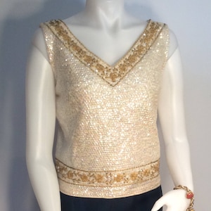 sleeveless gold beaded and sequin top vintage size M white rockabilly theater costume wedding New Year&#39;s Eve Christmas birthday gift