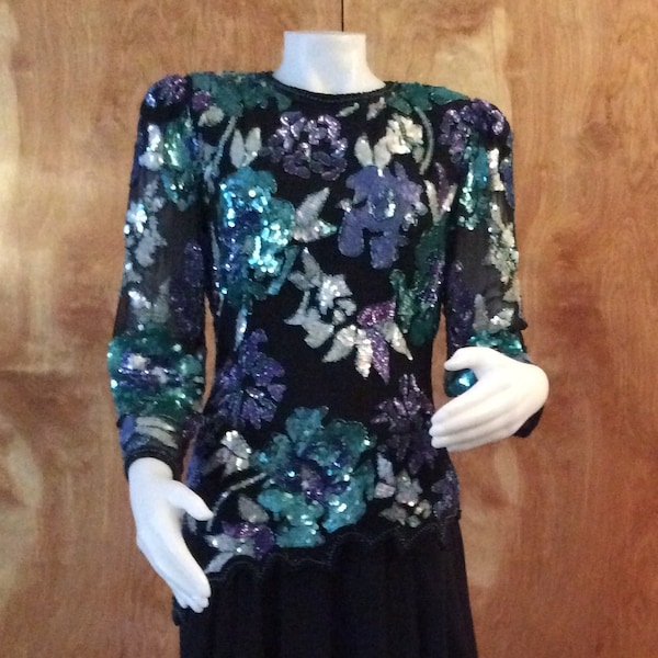 Vintage beaded and sequined dress 1980’s NITELINE black flutter skirt floral design beaded top vintage party dress cocktail dress