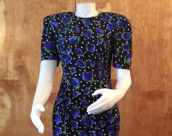 Vintage silk dress 1980s KATHRYN CONOVER  floral print drop waist peplum style black blue green floral print