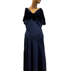 1930s dark blue dress with attached silk velvet cape and draped neckline midi flutter skirt 1930s women’s fashion